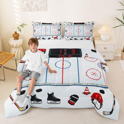 Castle Fairy Ice Hockey Rink Down Comforter Queen Size,Ice Skates Helmet Glove Bedding Sets 3Pcs for Kids Teens Woman Men Room Decor,Cartoon Quilted Duvet Sport Theme Bedspread,2 Pillowcases