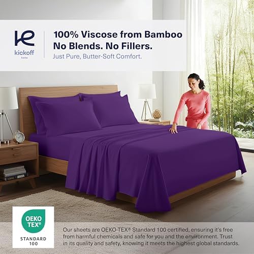 Kickoff Viscose Bamboo Sheets King Size 4-pc 100% Organic Bamboo Viscose Bed Cooling Sheets King Size Set Cool Bedding for hot Sleepers Sheet Set - Gift Ready Packaging (Purple, K)