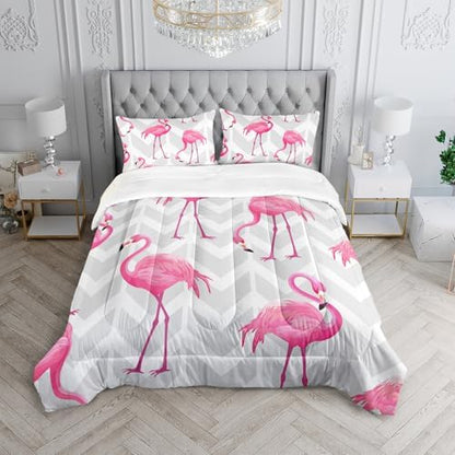 Flamingo Comforter Set - Full Size Tropical Geometric Stripe Bedding Set with 1 Comforter and 2 Pillowcases