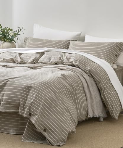 JELLYMONI 100% Washed Cotton Beige Striped Duvet Cover Set Full
