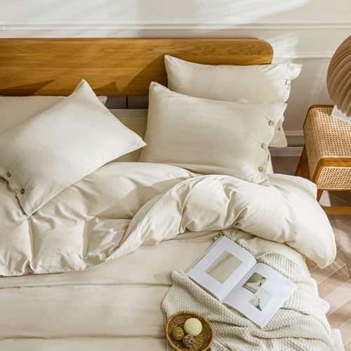 JELLYMONI Cotton Duvet Cover Twin Size - Light Khaki Comforter Cover with Button 100% Washed Cotton 2PCS Breathable Soft Solid Bedding Set Duvet Cover 68×90in & 1 Pillowcase (NO Comforter)