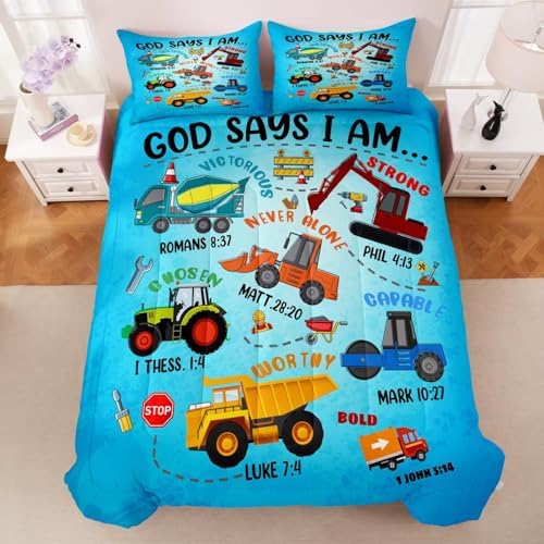 Boys Construction Vehicles Truck Comforter Set Full,Christian Kids God Says I Am Construction Bedding Set,Car Excavator Tractor Bedroom Set（1 Comforter 2 Pillowcase） Blue
