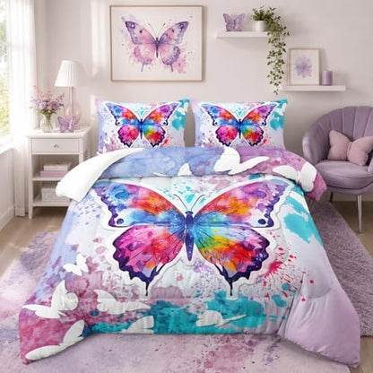 Nttopship Colorful Butterfly Comforter Set Twin Size for Girls Teens, Butterfly Comforter Set 3-Pieces Bed in a Bag 3D Colorful Butterfly Twin Bedding Set,1 Comforter and 2 Pillowcases
