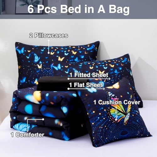 A Nice Night Butterfly 3D Kids Bedding Comforter Set，BlackBlue，Queen
