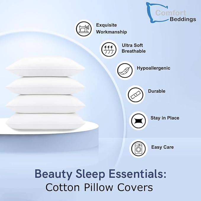 Comfort Beddings Queen Pillowcases Set of 4 – 100% Organic Cotton, 600 Thread Count Sateen, Soft & Comfy Pillow Covers with Envelope Closure, White, Queen Size 20 x 30 Inches
