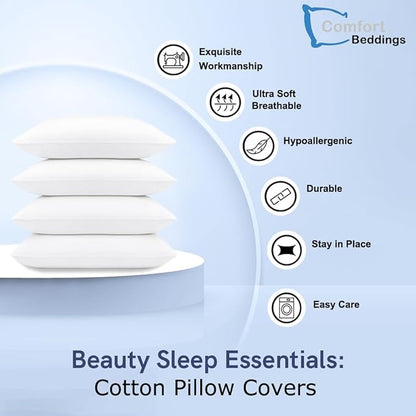 Comfort Beddings Standard Pillowcases Set of 4 – 100% Organic Cotton, 600 Thread Count Sateen, Soft & Comfy Pillow Covers with Envelope Closure, White, Standard Size 20 x 26 Inches