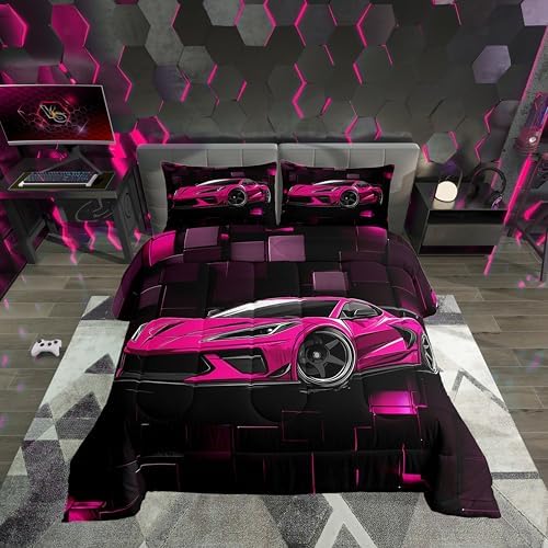 Erosebridal Speed Race Car Comforter Set Queen Hot Pink Sports Car Bedding Set Boys Extreme Sports Down Comforter Black and Hot Pink Quilt Fashion Geometric Duvet Insert 3Pcs Bedding Decor