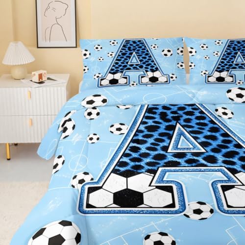 BSNTHO Soccer Comforter Set Twin Size, Blue Kids Comforter 3Pcs