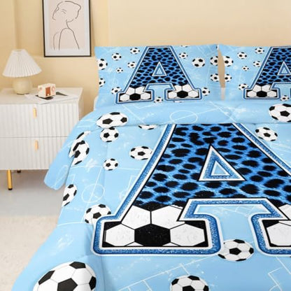 BSNTHO Soccer Comforter Set Twin Size, Blue Kids Comforter 3Pcs