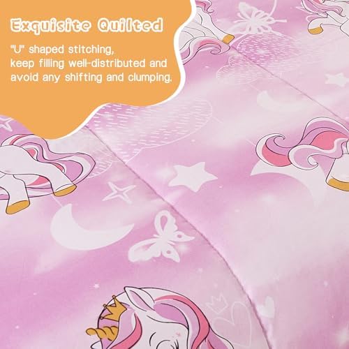 Yibeizi Unicorn Kids Comforter Set for Girls Full Lavender Bedding