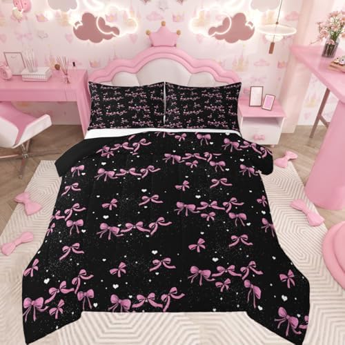 jejeloiu Pink Bow Comforter Set Full Size Bedding Set for Kids Boys Girls