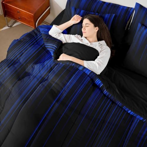 Feelyou Neon Blue Comforter Set with Sheets 7 Piece King Size Geometric Bed in a Bag Kids Boys Girls Ombre Bedding Set Bedroom Decor Breathable Soft Lightweight Microfiber