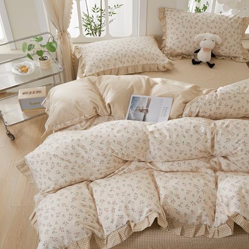 mixinni Beige Floral Duvet Cover Full Size, 100% Cotton Cute Strawberry Floral Ruffle Bedding Set, Vintage Cottagecore Reversible Tan Gingham Aesthetic 3PC with Zipper Closure & Pillowcases