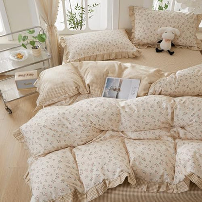 mixinni Beige Floral Duvet Cover Queen Size, 100% Cotton Cute Strawberry Floral Ruffle Bedding Set, Vintage Cottagecore Reversible Tan Gingham Aesthetic 3PC with Zipper Closure & Pillowcases