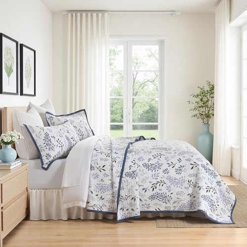 King Size Quilt Set 100% Cotton - Blue and White Floral Bedspread, 106x98