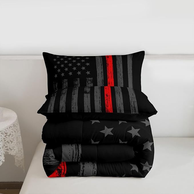 Erosebridal American Flag Comforter Set Full Black Grey Red Line Flag Bedding Set for Men Boys Kids Girls Novelty Star Stripe Down Comforter Retro Vintage Flags Bedding Sets & Collections