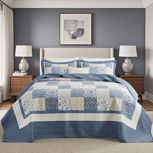 SahSahCasa 120"x120" 100% Cotton Oversized California King Bedspread Striped Quilt Set, Cal King Quilted Bedspread Extra Large Coverlet, XL Bed Spread Lightweight Comforter, Blue/White
