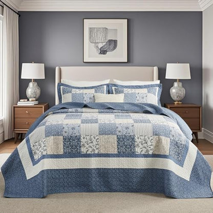 SahSahCasa 120"x102" 100% Cotton Oversized Queen Bedspread Coverlet Striped Quilt Set, Quilted Bedspread Extra Large Quilt, XL Bed Spread Lightweight Comforter, 3pc, Blue/White