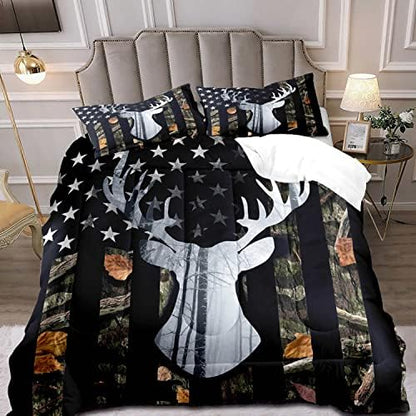 LUVIVIHOME 2PCS Deer Hunting Comforter Set Twin Size, Camo Bed Set Patriotic Black American Flag Bedding, Forest Animal Wildlife Country Lodge Rustic Farmhouse Cabin Camouflage Quilt, 1 Pillow Sham