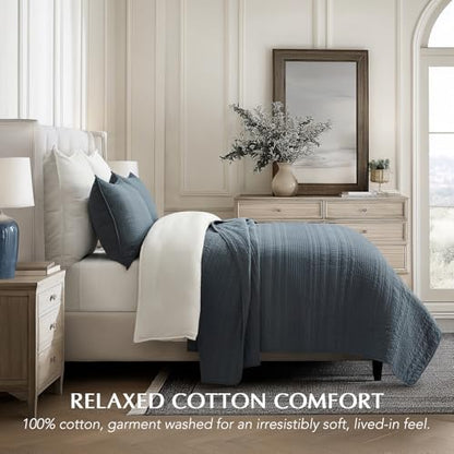 EVERGRACEHOME 100% Cotton Modern Lines Quilt Set Queen Size, Midnight Blue