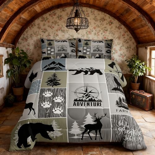 Rustic Farmhouse Cabin Kids Comforter Set Full Size,Deer Bear Hunting Adventure Bedding Set for Boys Girls Adults Room Decor,Geometric Plaids Down Comforter,Gray Green Duvet Insert,2 Pillowcases