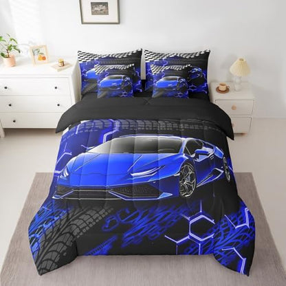 Feelyou Racing Car Bed Set for Kids Boys Girls Full Size Speed Sports Car 7 Pieces Beeding Set Teen Adult Soft Extreme Sports Bed in a Bag with Comforter, Sheets, Pillowcases Honeycomb Pattern