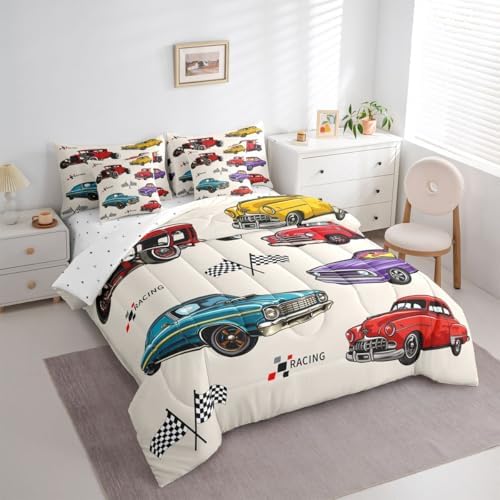 Feelyou Vintage Car Bedding Set 7 Piece Queen Size Retro Truck Comforter Set with Sheets for Boys Girls Colorful Race Car Bed in a Bag Room Decor Breathable Soft