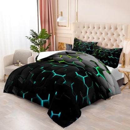Geometric Green Black Neon Comforter Set,Light Honeycomb 3 Piece Bedding Set King for Teen Boys,Modern Bedding Quilt Set Geometry Decor,Microfiber Lightweight 1 Comforter 2 Pillowcases All Season