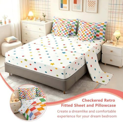 Feelyou Checkered Retro 7 Piece Bedding Set Teen Women Men Rainbow Colorful Plaid Comforter Set with Sheets Twin Size Kids Boys Geometric Vintage Bed in a Bag Modern Groovy Aesthetic Room Decor