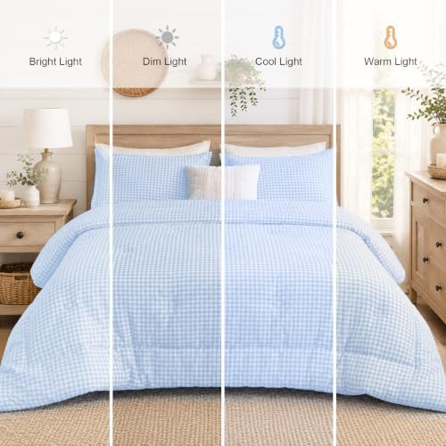 Twin XL Comforter Set, Fluffy Blue Gingham Plaid Bedding, 3 Pieces