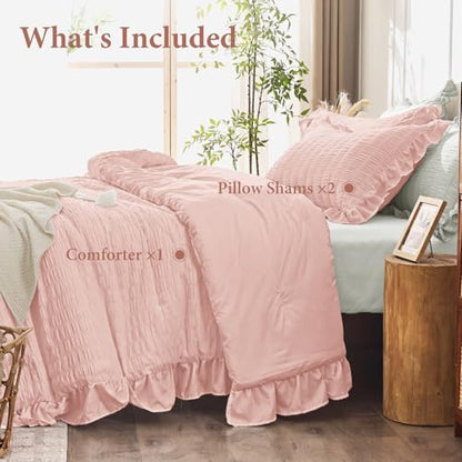 JOLLYVOGUE Rose Gold Queen Comforter Set, 3 Pieces Seersucker Comforters Queen Size, Lightweight & Fluffy Bedding Sets for All Season with 1 Ruffle Comforter and 2 Ruffle Pillowshams