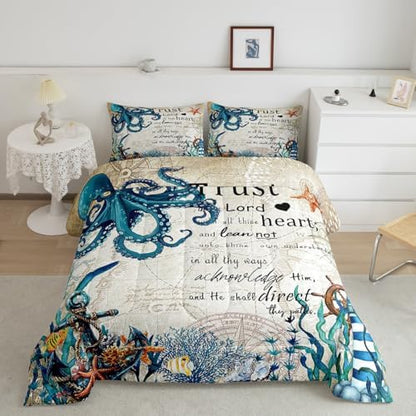 Homewish Sea Octopus Comforter Set Queen Size,Nautical Anchor Lighthouse Bedding Set 3Pcs for Kids Girls Boys Adult Room Decor,Ocean Animals Quilt Set Vintage Bible Quotes Duvet Insert,2 Pillowcases