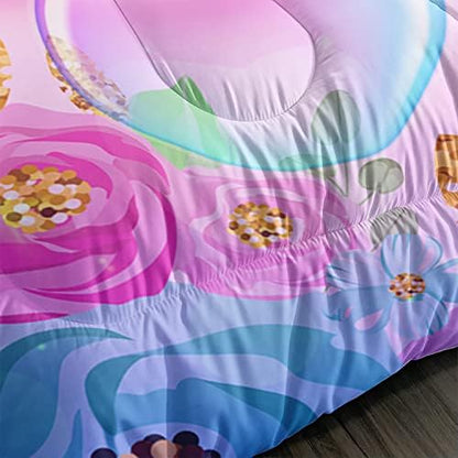 Kid Unicorn Comforter Set Full Size 3Pcs Butterfly Rainbow Flower Star Pattern Quilt Bedding Set for Boys Girls with 1 Comforter and 2 Pillowcases