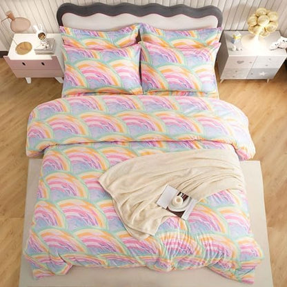 SDY 7PCS Rainbow Bedding Set Queen Bed in A Bag Set 7 Piece Mermaid Bedding for Kids,Boys and Girls with Rainbow Comforter Queen and Mermaid Sheets