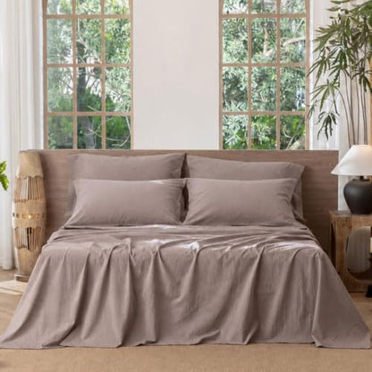 MooMee Sheet Set 100% Washed Cotton Linen-Like Extra Deep Pocket Queen