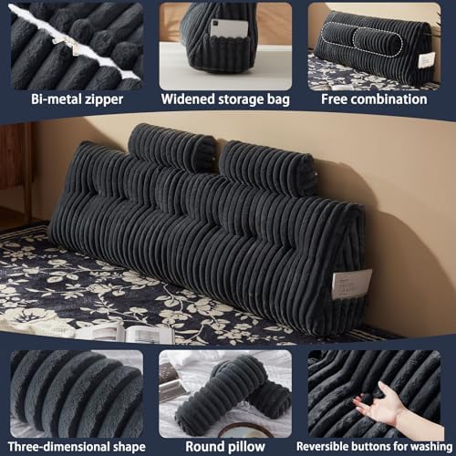 Rycwola Faux Fur Headboard Pillow with 2 Pack Neck Roll Pillow Large Headboard Pillow Soft and Supportive with Removable Cover (Grey, King)