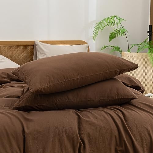BESTOUCH Cotton Solid Duvet Cover Set Linen Feel Cocoa Brown Super King