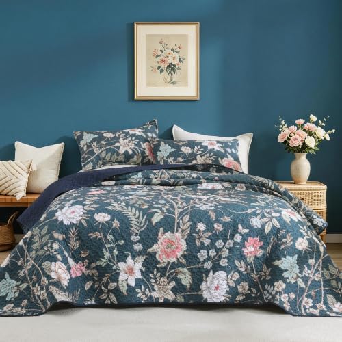 Litanika Floral Teal Quilt Oversized King - 3Pcs Botanical Birds Bedding