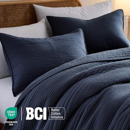 palassio Striped Navy Blue 100% Cotton Quilt Twin Size Bedding Sets, Lightweight Crinkly Channel Pick Stitch Textured Bedspread Soft Shabby Chic Farmhouse Country Coverlet for All Season, 1 Sham