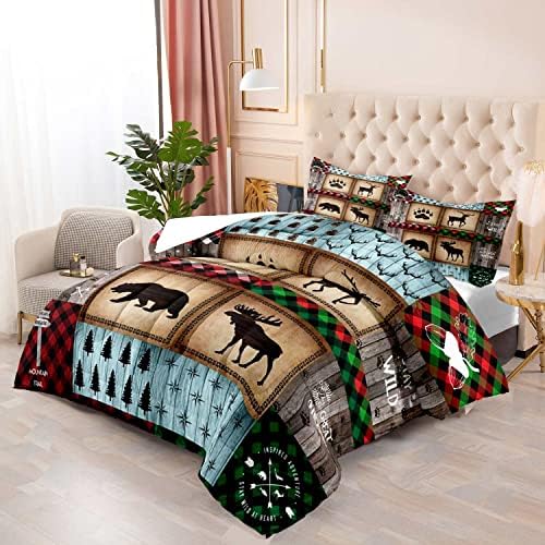 LUVIVIHOME 2PCS Rustic Farmhouse Cabin Comforter Set Twin Size, Bear Elk Moose Deer Bedding Sets, Forest Animal Wildlife Hunting Country Lodge Green Red Plaid Brown Patchwork Quilt, 1 Pillow Sham