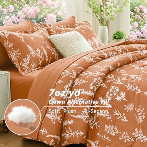 MUXHOMO Burnt Orange Bed in a Bag King 7 Pieces, King Comforter Set Reversible Botanical Flowers Design, Ultra Soft & Breathable Bedding Sets with Comforter, Sheets, Pillowcases & Shams
