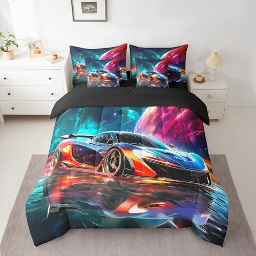 Erosebridal Boys Race Car 7 Pieces Bedding Set Queen Size,Extreme Sports Gaming Bed in a Bag,Cool Speed Car Bed Set Includes Comforter,Sheet Set,Pillowcases & Pillow Covers,Planet Galaxy Bedroom Decor