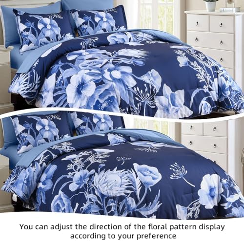 Luxudecor Floral Comforter Set Queen Size 7 Piece, Navy Blue Flower Bed in a Bag, Elegant Floral Comforter with Sheet Set, Soft Microfiber Bedding Set for All Season (Navy Blue, 90"x90")