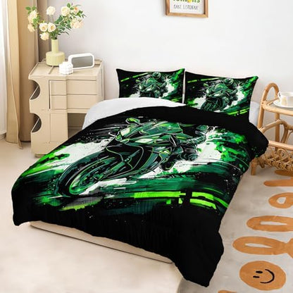 AILONEN Motorcycle Comforter Set 3 Piece Neon Green Speed Bike Bedding Brushed Microfiber Lightweight Bedspread Teens Boys Bedroom Decor