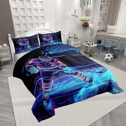 Castle Fairy Ice Hockey Bedding Set Hockey Player Comforter Set for Kids Boys Hockey Stadium Rink Comforter Blue Neon Hockey Quilt Set 1 Comforter Set with 1 Pillowcase Toddler Size