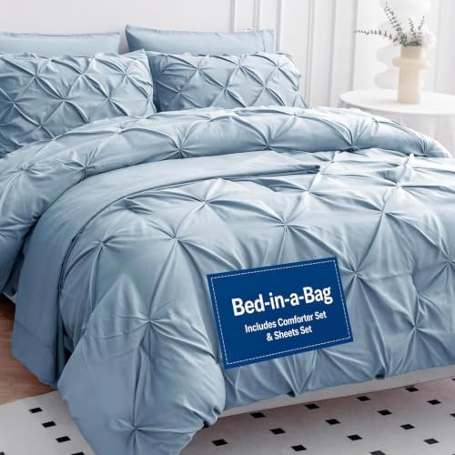 LANE LINEN Queen Comforter Set, All Season 7 Pc Bed in a Bag - French Blue
