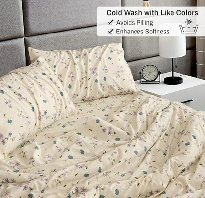 RUVANTI 100% Cotton Flannel Sheets Twin Size, 3 Pcs, Jasmine Stamp Cream