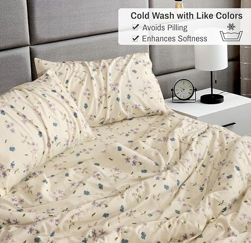 RUVANTI 100% Cotton Flannel Sheets Queen Size, 4 Pcs, Jasmine Stamp Cream