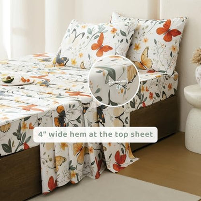 QSH Green Floral Egyptian Cotton Sheets King Size,Rosemary Flowers Butterfly Botanical Pattern Printed Bed Sheet King Aesthetic Extra Soft and Breathable 17.5" Deep Pockets King Bedding Sheets 4PCs