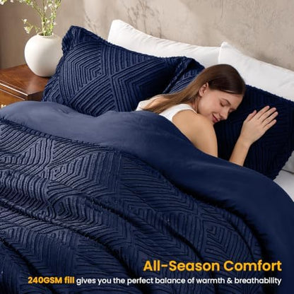 JOLLYVOGUE Twin/Twin XL Comforter Set, Boho Tufted 2PCS Bed Set, Navy